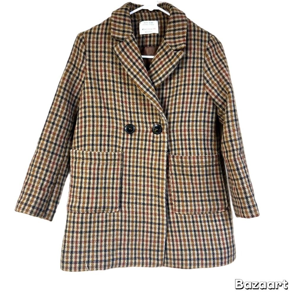 Zara Kids Wool Brown Plaid Coat Jacket double button peacoat Girl sz 6 outerwear